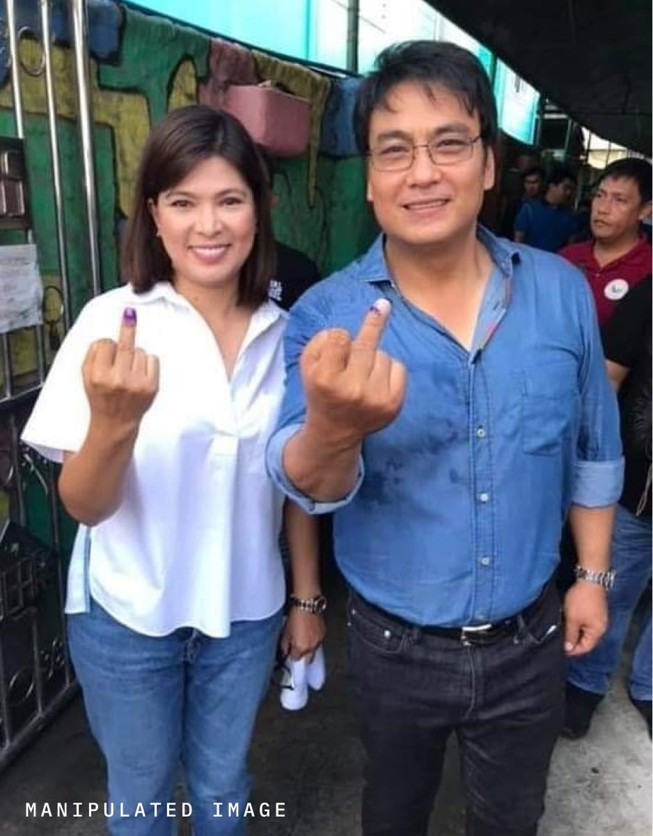 A doctored photo of Philippine Senatorial candidate Bong Revilla and his wife, Lani Mercado-Revilla, casting a vote in Bacoor City, Cavite.