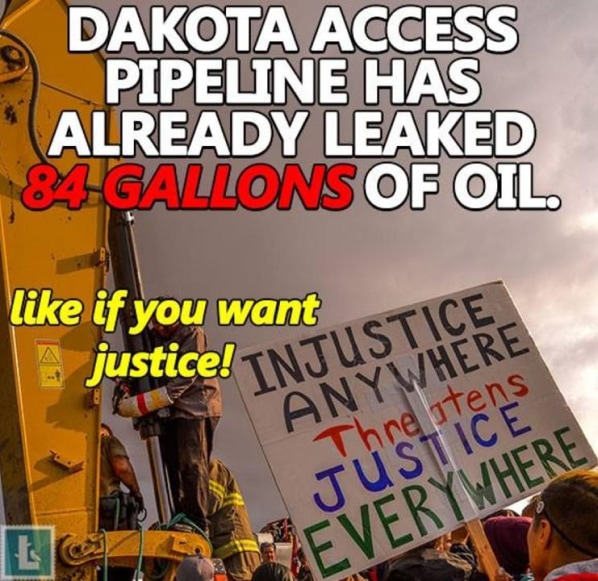 An example meme deployed by the Internet Research Agency in an attempt to influence U.S. energy markets and policy. It reads: “Dakota Access Pipeline has already leaked 84 gallons of oil. Like if you want justice!”